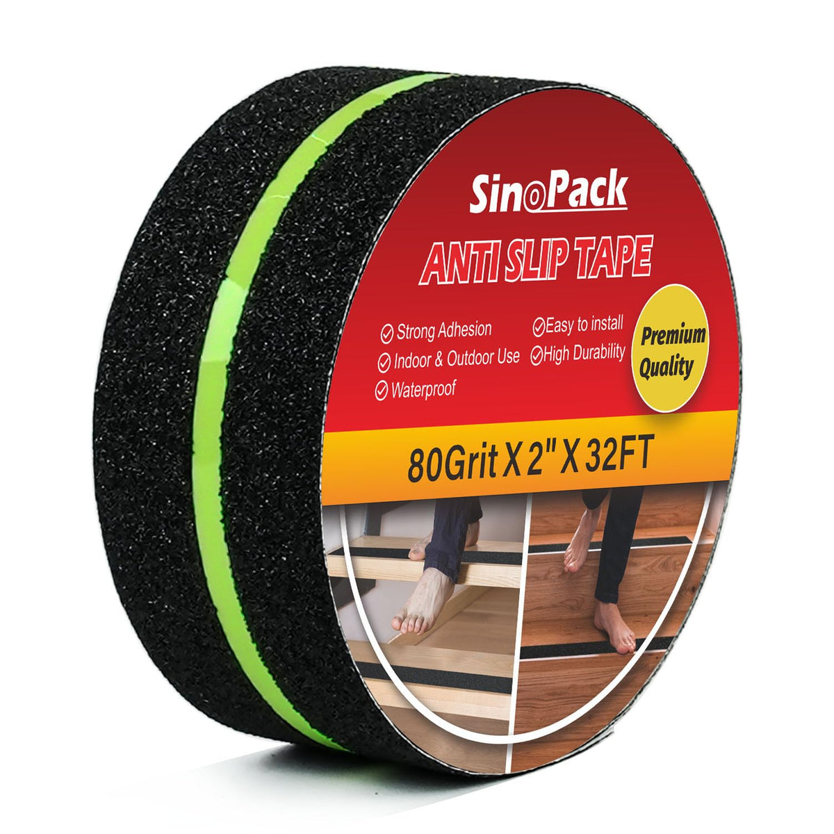 Anti Slip Tape with Glow in The Dark Stripe 2Inch x 32FT Best Grip Non Slip Strips Tape High Traction Abrasive Adhesive for Step