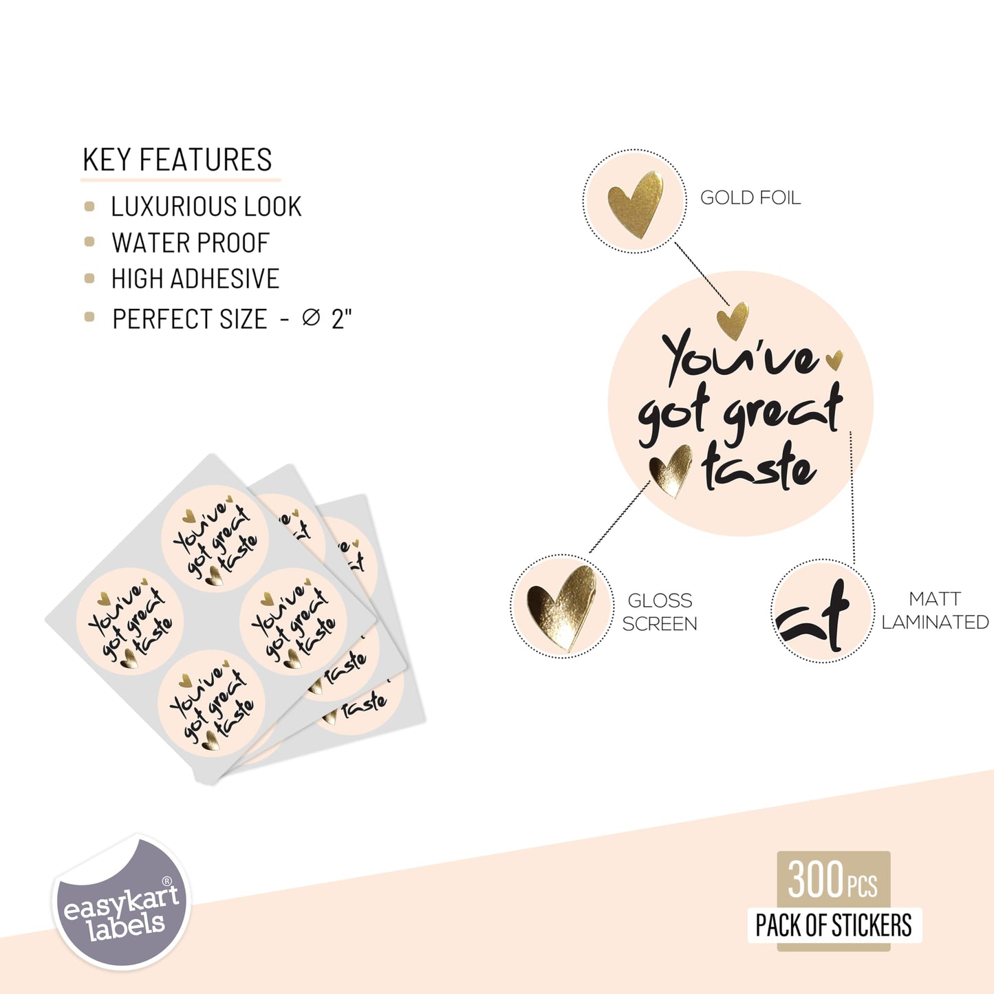 easykart labels 300 You've Got Great Taste Sticker Labels | Pastel Pink with Gold Foil Heart Design | 2" Inch Round | Highly Recommended for Small Business Owners and Online Sellers