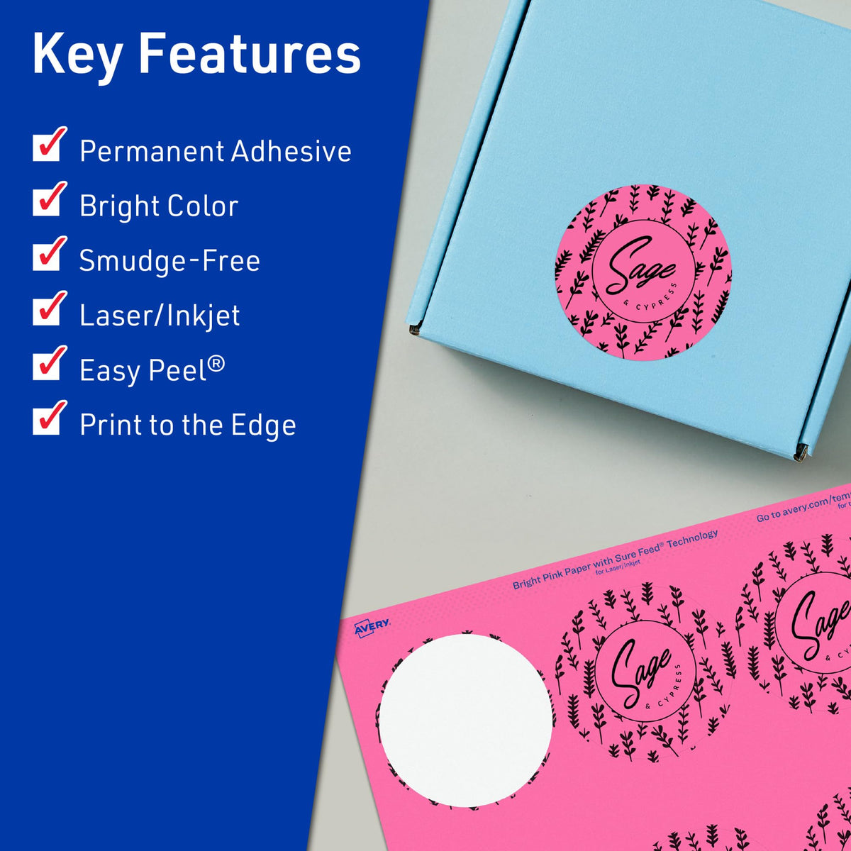 Avery Printable Round Labels, Sure Feed Technology, 2-3/4" Diameter, Bright Pink Labels, Print-to-The-Edge, Laser/Inkjet Printable, 240 Total, Great for Soaps and Packaging 240 labels