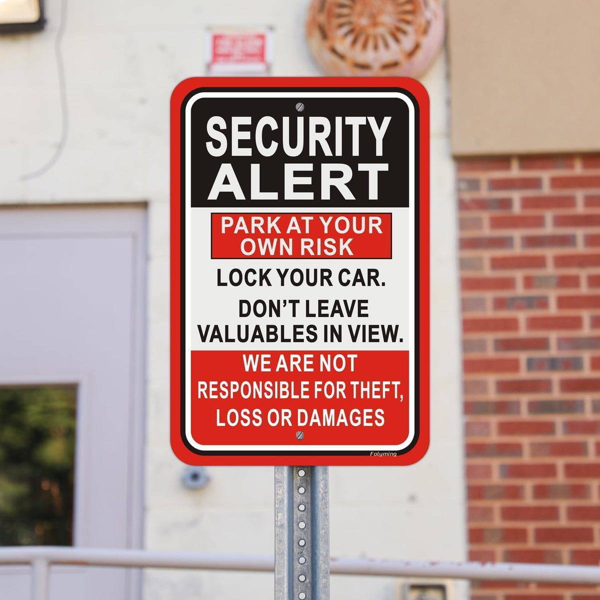 Security Alert Sign Park At Your Own Risk Lock Your Car & Don't Leave Valuables Not Responsible For Theft/Loss/Damages Signs 12x18" For Parking Lot, Business Red / Black / White Señal de Alerta de Seguridad 2 Pack