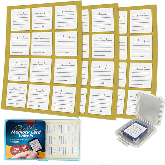 (120 Count) SD Card Labels Flash Drive Labels Stickers with 6 Free SD Card Cases & Container Multi-use Writable & Removable Stick-On Camera Memory Card Labels Multicolor