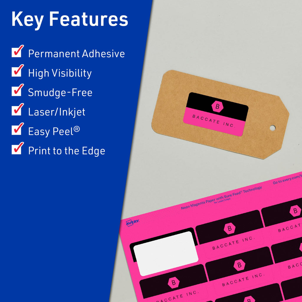 Avery® Printable Rectangle Labels, Sure Feed® Technology, 1-1/4" x 2-3/8", Neon Magenta Labels, Print-to-The-Edge, Laser/Inkjet Printable, 360 Total, Great for Mailing 360 labels
