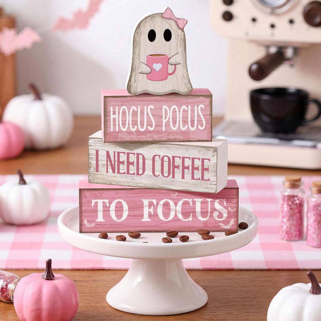 Moucuny 4 Pcs Pink Halloween Table Decor Ghost Wooden Stacked Block Decor Pink Coffee Ghost