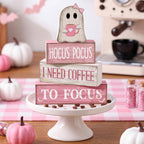 Moucuny 4 Pcs Pink Halloween Table Decor Ghost Wooden Stacked Block Decor Pink Coffee Ghost