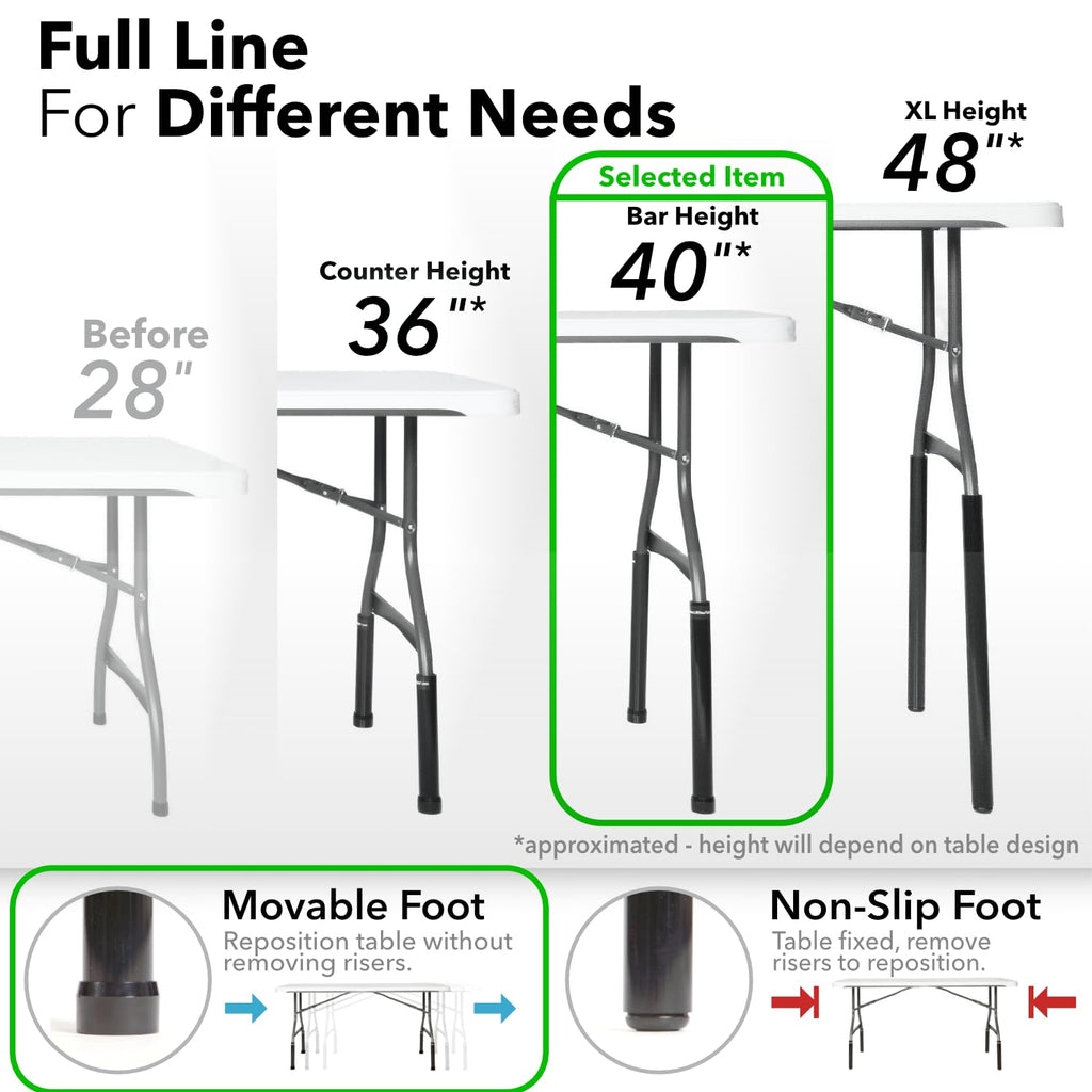 Lift Your Table® Folding Table Risers - Bar Height (Movable Foot) - Made in the USA, Heavy Duty, Sturdy, Portable, Easy-to-Use Extensions Raise Bent Leg Folding Tables (Set of 4) Bar Height (Movable Foot)