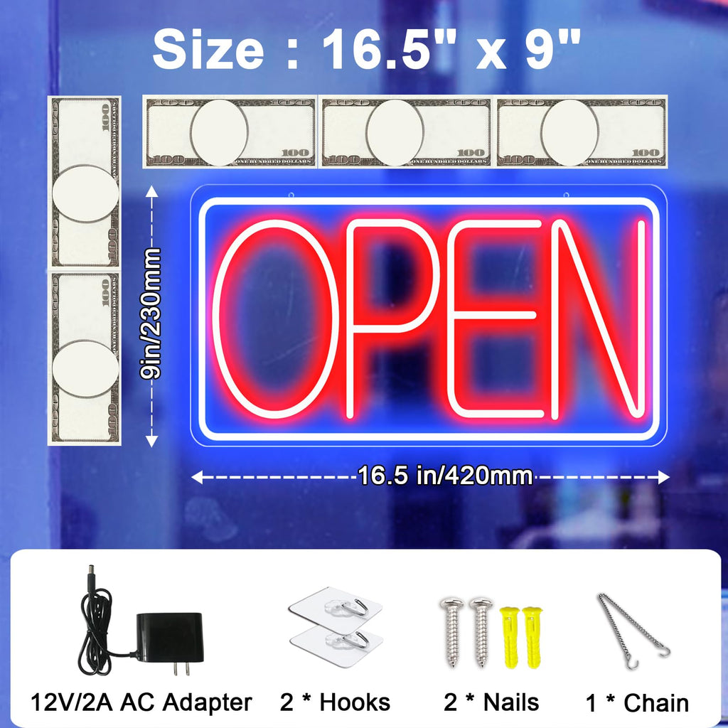 16.5" X 9" Led Neon Open Signs for Business - 12V/2A Ultra Bright Led Neon Sign with ON/OFF Switch - Plug In Electric Light Up Sign for Bar, Salon, Coffee Stores, Club, Hotel (Horizontal) Blue/Red-Horizontal 16.5x9 inch with AC Adapter