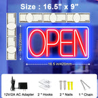16.5" X 9" Led Neon Open Signs for Business - 12V/2A Ultra Bright Led Neon Sign with ON/OFF Switch - Plug In Electric Light Up Sign for Bar, Salon, Coffee Stores, Club, Hotel (Horizontal) Blue/Red-Horizontal 16.5x9 inch with AC Adapter