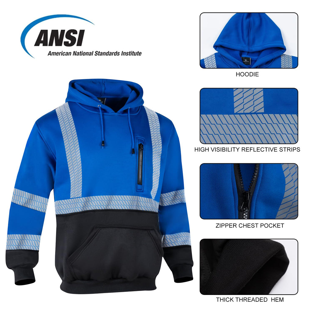 VENDACE High Visibility Reflective Safety Fleece Sweatshirt Hoodies for Men ANSI Class 3 Hi Vis Pullover Hoodie Jacket(Royal blue,2XL) XX-Large Royal Blue