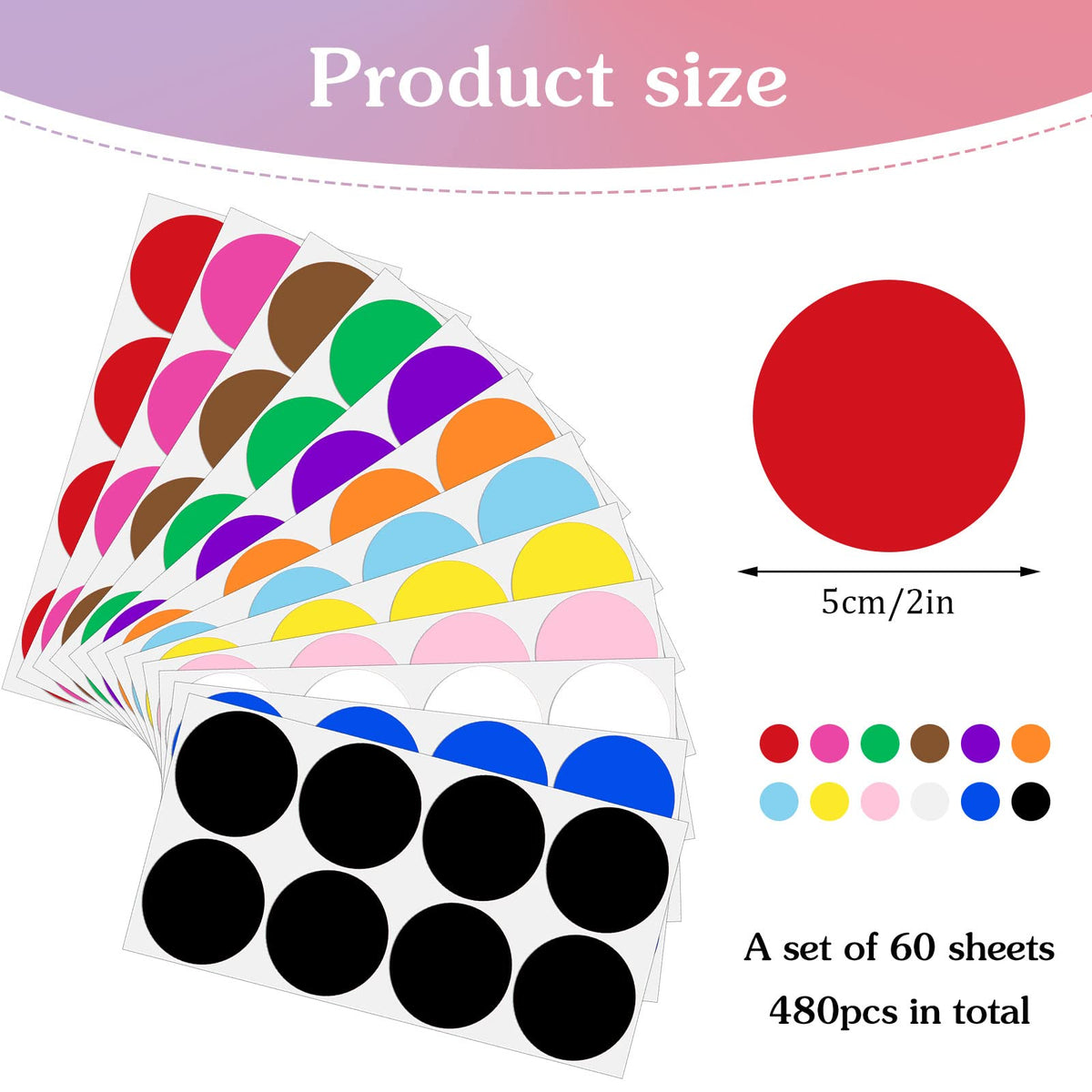 480 Pcs Round Color Coding Labels, 2 Inch Dot Stickers, 12 Colors