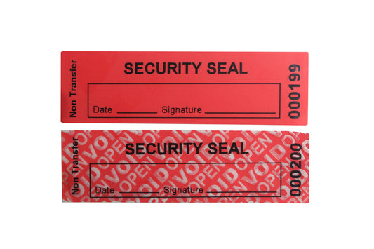 TamperSeals Group - 100pcs Non Transfer Tamper Evident Security Warranty VoidOpen Labels/Stickers/Seals for The Reusable Package and Expensive Surface (Red, 1 x 3.35 inches, Serial Numbers) Red