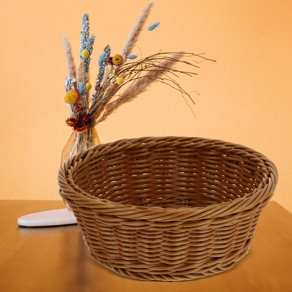 Round Woven Storage Basket 9.92 X 9.92 X 3.14 in Imitation Rattan Bread Holder for Kitchen Counter Snacks Fruits Candy Bakery Display Household Serving