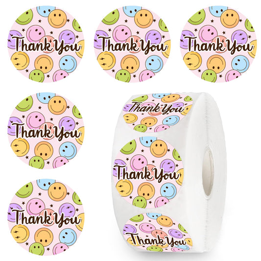 1000Pcs Thank You Sticker Happy Smile Face Paper Decal Pastel Round Adhesive Seal Sticker Label Rolls for Small Business Party Favor Gift Supplies, 1.5 in