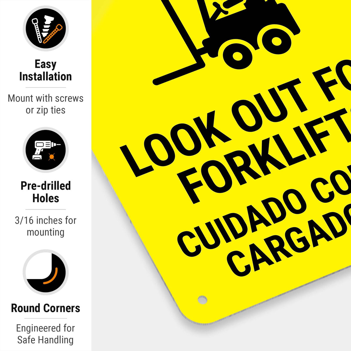 Caution Look Out for Forklifts Bilingual with Graphic OSHA Sign, 10x7 Inches, Rust Free .040 Aluminum, Fade Resistant, Made in USA