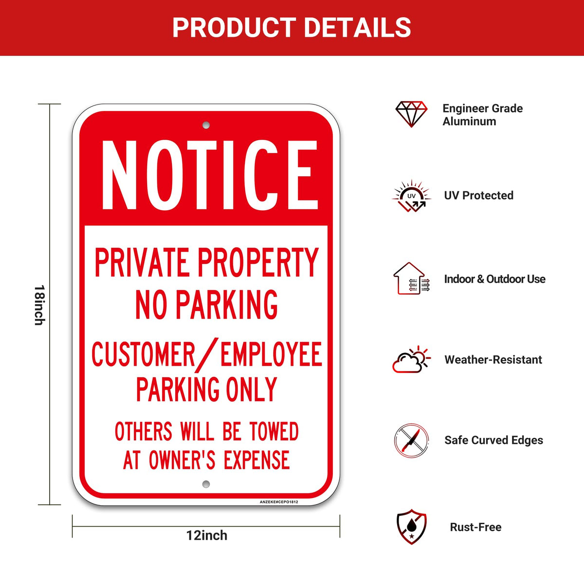 （2Pack）Large “Notice - Private Property No Parking, Customer/Employee Parking Only” Metal Sign, 18"x12"Engineer Grade Reflective Aluminum, Rust Free, Fade/Weather Resistant, UV Protected, Easy Mounting