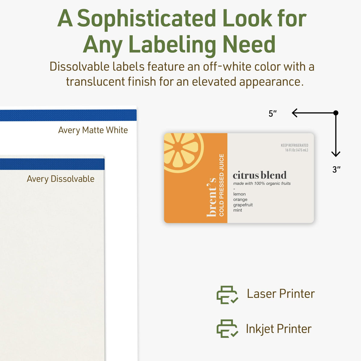 Avery Dissolvable Rectangle Labels, Sure Feed Technology, 3" x 5", Matte White, Print-to-The-Edge, Laser/Inkjet Printable, 75 Labels Total