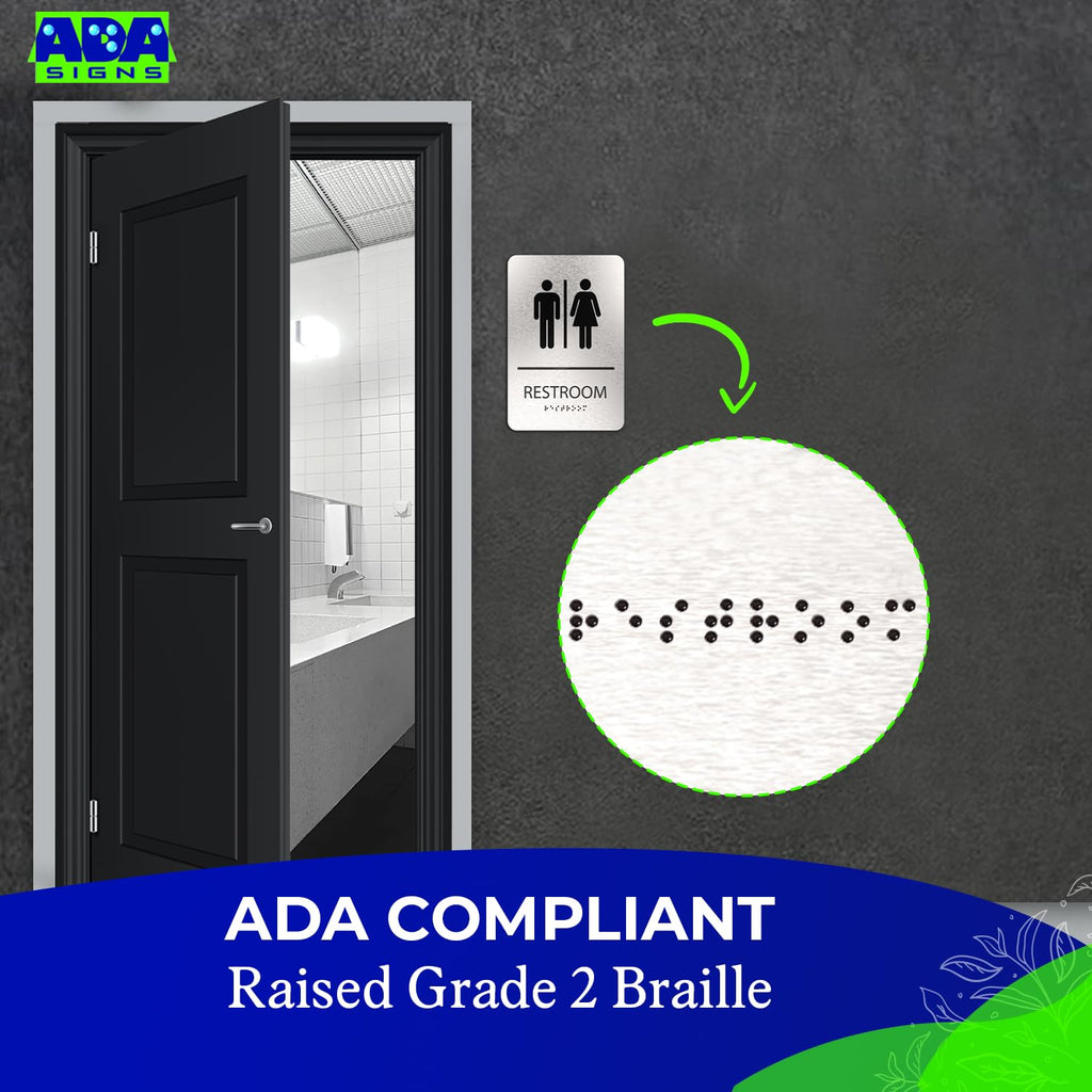 ADASigns Unisex Restroom Sign - 6x9" Brushed Aluminum Braille & Tape