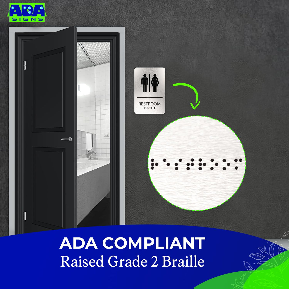ADASigns Unisex Restroom Sign - 6x9" Brushed Aluminum Braille & Tape