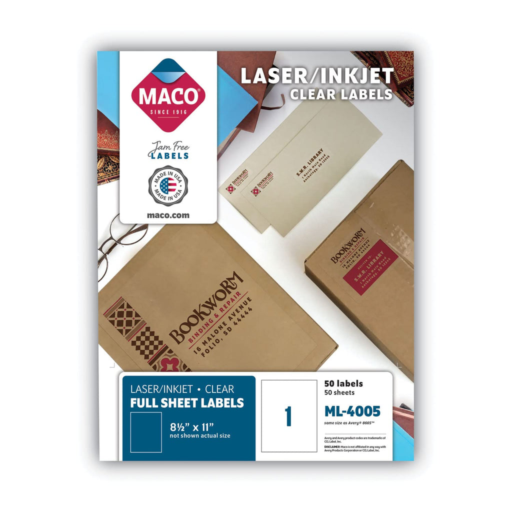 MACO Laser/Ink Jet Glossy Clear Full Sheet Labels, 8-1/2" x 11", 1 per Sheet, 50 per Box (ML-4005)