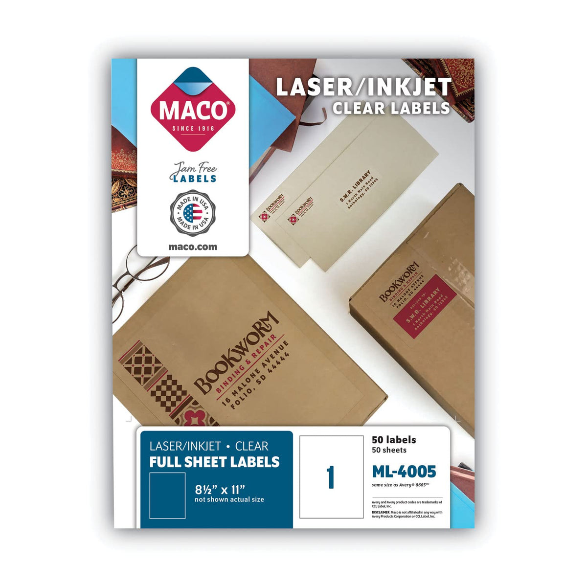 MACO Laser/Ink Jet Glossy Clear Full Sheet Labels, 8-1/2" x 11", 1 per Sheet, 50 per Box (ML-4005)