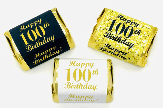 100th Birthday Nuggets Labels, Chocolate Candy Wrapper, (Set of 90) Candy Stickers; 3 Designs: 30 Gold, 30 Black, 30 White, Candy Not Included