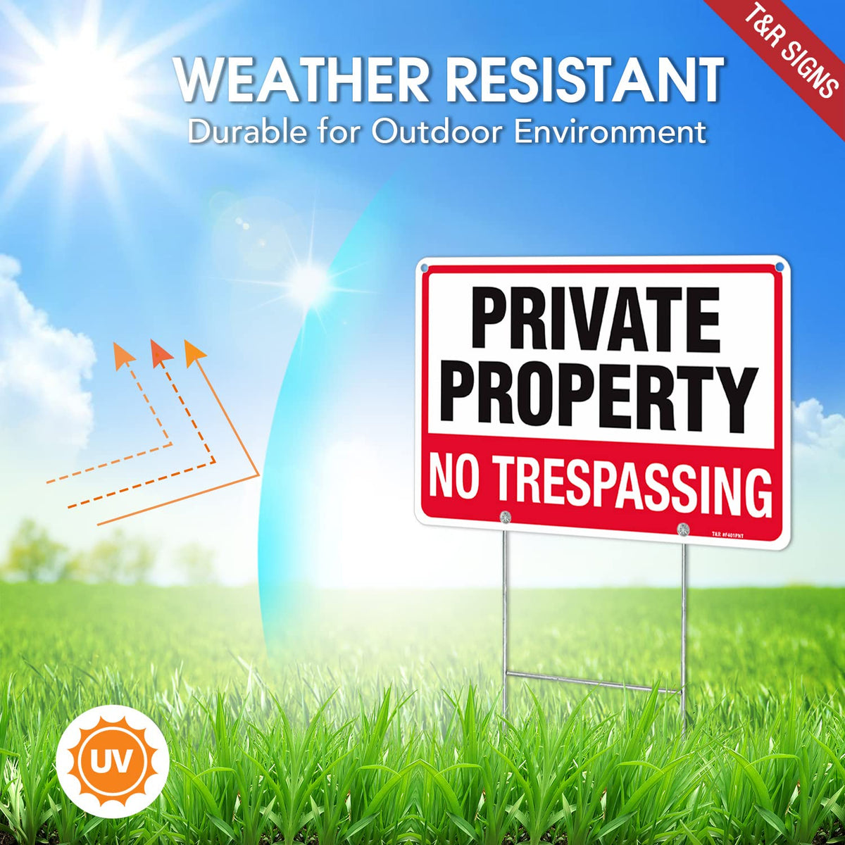 T&R No Trespassing Sign Private Property Sign with H Stake for Outside,3 Pack,12"x8" .040 Rust Free Heavy Aluminum, Waterproof,Includes Matching Screws & Wrench, Easy to Mount 3-Pack