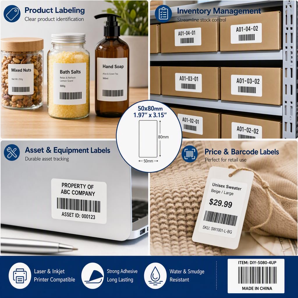 NIIMBOT White Thermal Label,2"x3.15"(50×80mm), 3‑Roll Multipurpose Business
