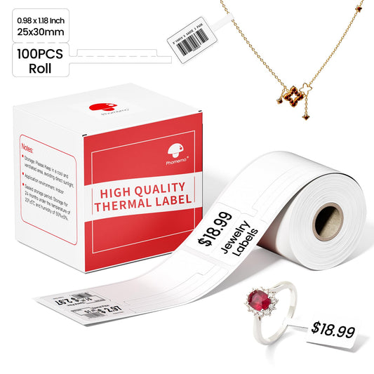 Phomemo Label Paper, Jewerly Price Tag Labels Compatible with M100/M110/M120/M200/M220/M221 Label Printer, Thermal Sticker Labels,Black on White, (11/8" x 7/8"+13/4"), 100 pcs/Roll, 1-Pack