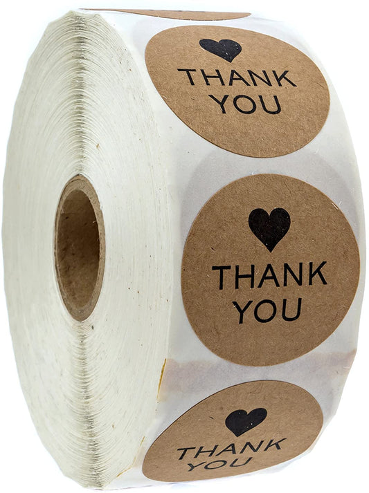 1.5" Small Round Kraft Thank You Stickers / 1,000 Gratitude Label Roll/Wedding Event Small Business Thank You Envelope Seal/Made in The USA 1.5” Heart