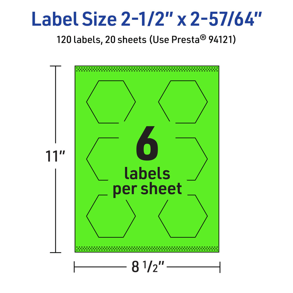Avery Printable Hexagon Labels, Sure Feed Technology, 2-1/2" x 2-57/64", Neon Green Labels, Print-to-The-Edge, Laser/Inkjet Printable, 120 Total, Great for Cosmetics and Jars 120 labels