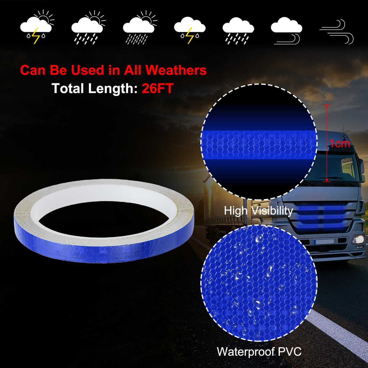 MECCANIXITY Reflective Tape, 0.4 Inch x 26 ft Self-Adhesive Trailer Reflector Tape Waterproof Warning Safety Sticker High Visibility Night Reflectors, Blue