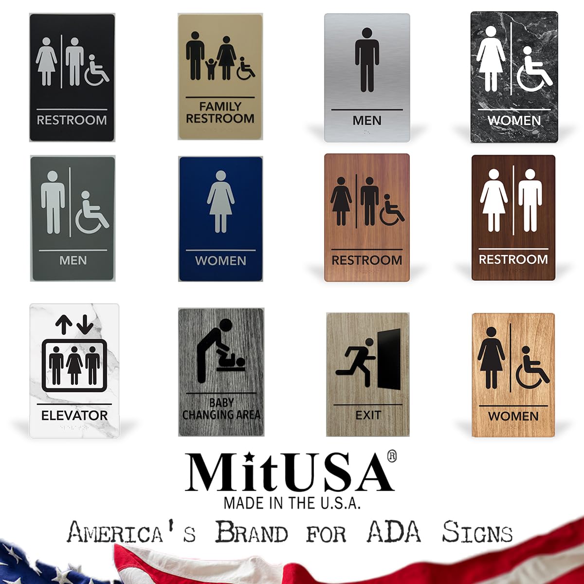 MitUSA® ADA Compliant, Unisex Bathroom Room Sign, Raised Icons, & Grade 2 Braille - Includes Adhesive Strips for Easy Installation - 6" W x 9" H Made in the U.S.A. (Light Grey, 6-Pack) Light Grey