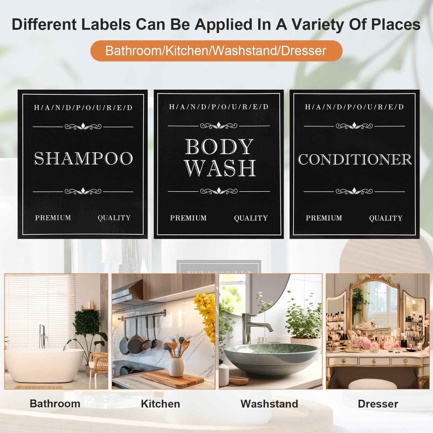 Waterproof Labels for Bottles, Ymapinc 30Pcs Removable Bathroom Organization Labels Stickers for Shampoo/Conditioner/Body Wash, Black Toiletry Labels for Plastic/Glass Bottles