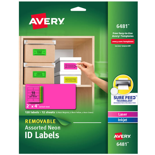 Avery Multipurpose Labels, Removable, Assorted Neon, 2 x 4 Inches, Pack of 120 (6481) 1 Pack