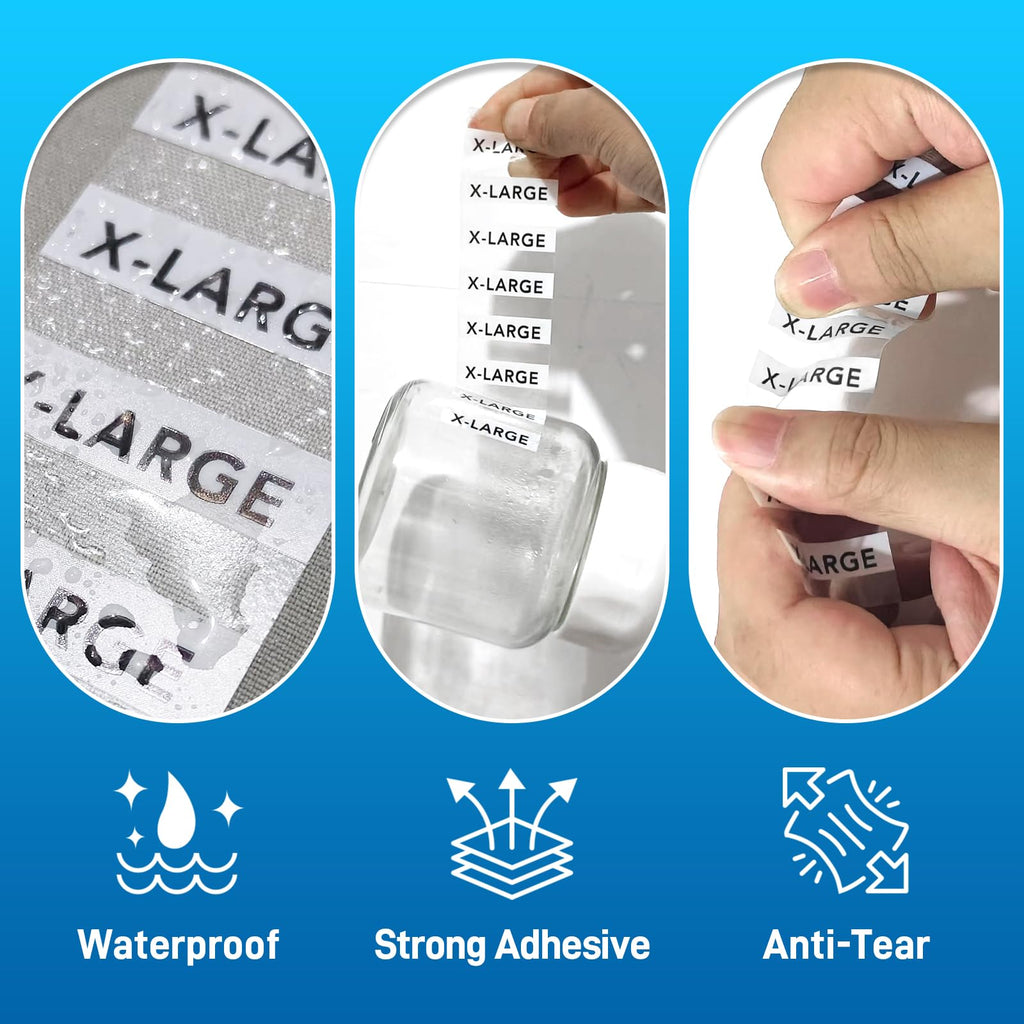1.25"x5" 1750 Pcs Clear Tshirt Size Stickers Strips for Clothing, XS-XXXL 7 Rolls