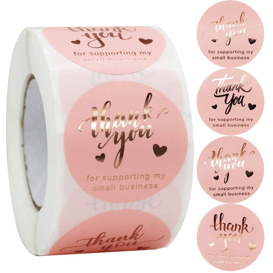Thank You Stickers Roll, 500pcs Pink & Gold, 1.5'' Diameter, Paper, for Small Business & Retailers, Package Labeling & Customer Appreciation
