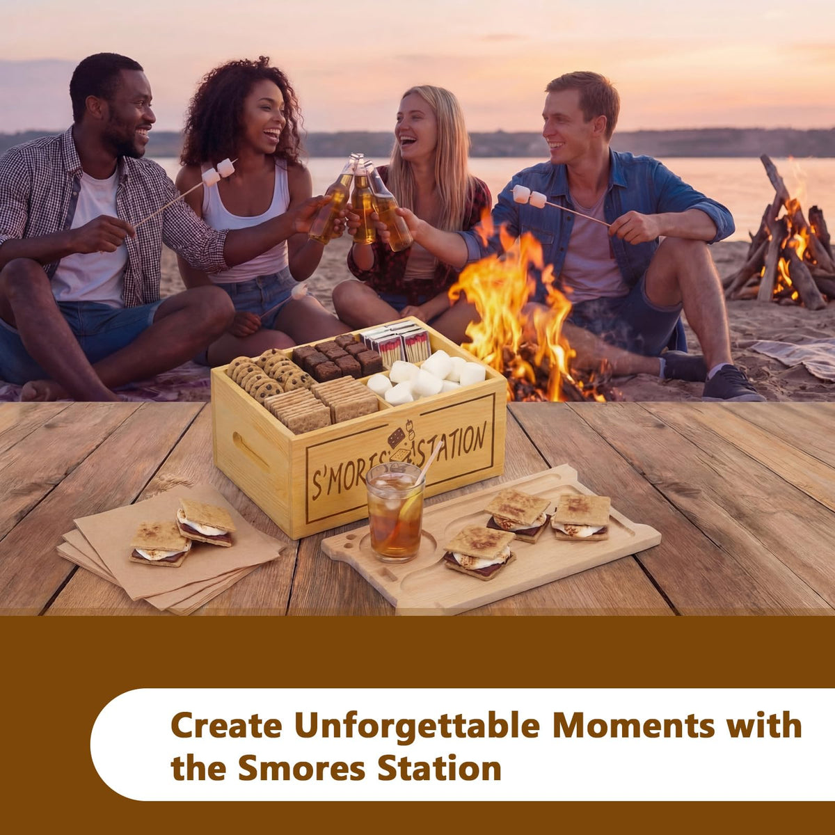 S‘mores Station with Tray Handle-farmhouse Smores Kit, Natural natural color
