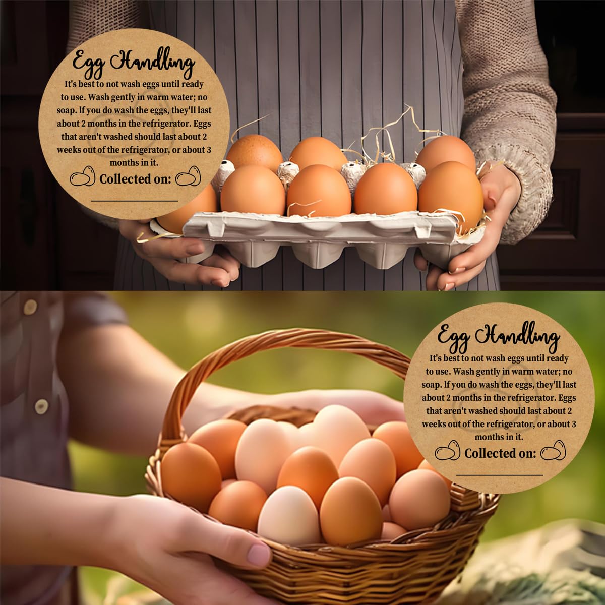 Farm Fresh Eggs Carton Kraft Paper Farm Fresh Egg Care Stickers Egg Handling Labels Self Adhesive Egg Packaging Stickers for Chicken Eggs Freshness & Storage,2 in