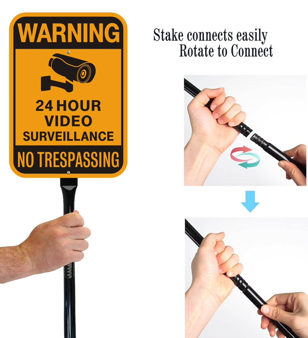 Video Surveillance No Trespassing Warning Sign with 36" Metal Stake, 10x14 Inch Aluminum, Reflective, 2Pack