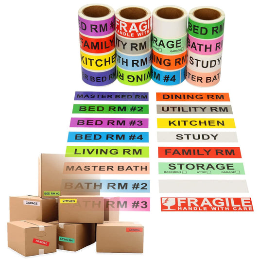 960 Count Home Moving Color Coding Labels - 14 Different Living Spaces Packing Boxes Moving Stickers + 1 Roll Fragile Stickers + 1 Roll Blank Label for Customization - 16 Rolls Total, 60 Labels/Roll