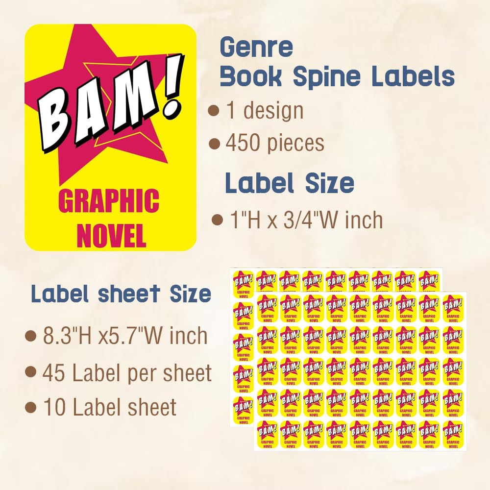 Genre Book Spine Labels | Library Classification Stickers Graphic Novels 450pcs Genre Labels Graphic novels 1"H x 3/4"W