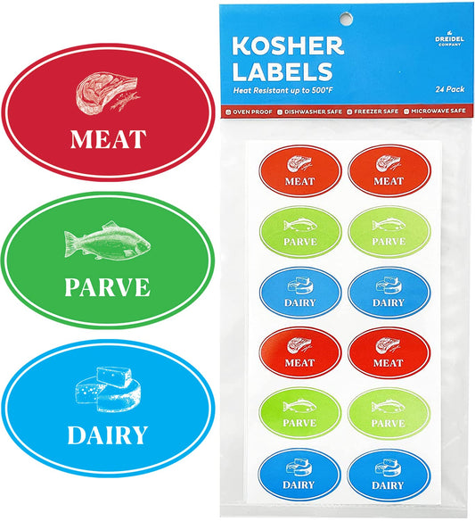 The Dreidel Company Assorted Kosher Labels, 16 Blue Dairy, 16 Red Meat, 16 Green Parve Stickers, Oven Proof up to 500°, Freezable, Microwavable, Dishwasher Safe, English, Color Coded Tools (48-Pack) 48-Pack Oval Design