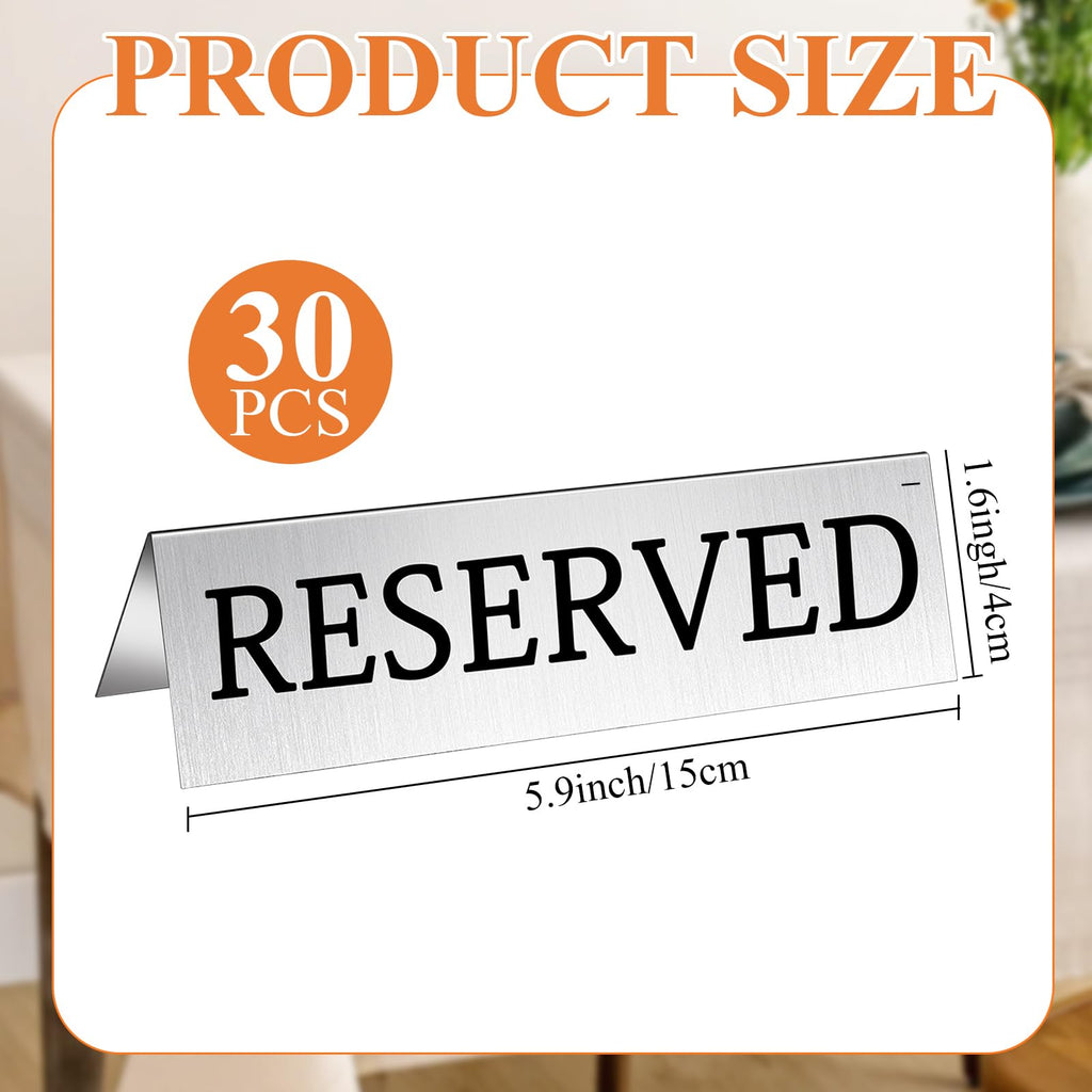 30Pcs Metal Reserved Table Signs, Double Sided Reserved Seating Signs with Protect Film, Table Tent Stand Tents Reserved Sign for Wedding Restaurant Parties Ceremony 5.9 x 1.6 Inch Silver