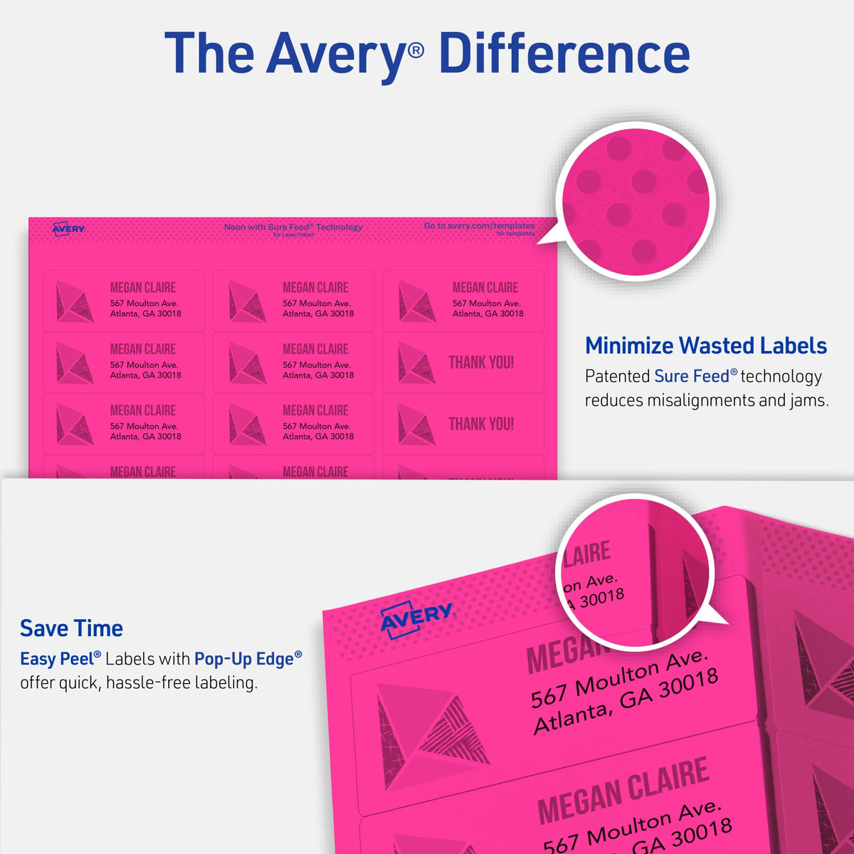 Avery Printable Labels with Sure Feed, 2" x 4", Assorted Neon Colors (Green, Magenta, and Yellow), Removable Adhesive, Laser & Inkjet Compatible, 120 Blank Labels Total (6481)