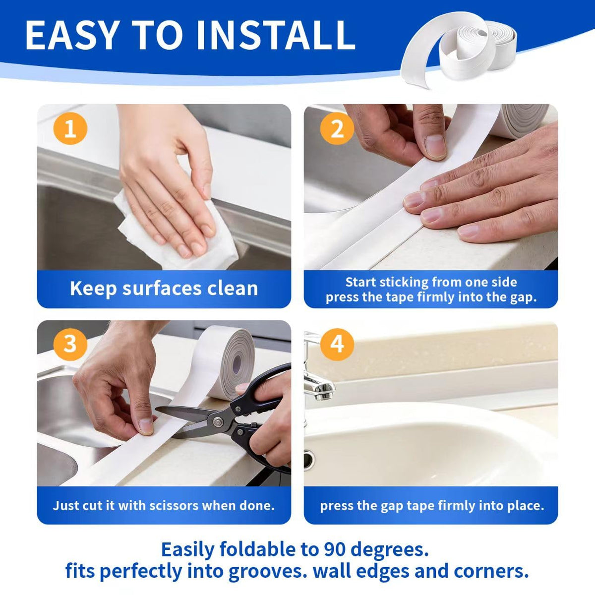 3 Rolls Caulking Tape, Self Adhesive Waterproof Seal Strip for Kitchen Bathroom Sink Tub Toilet, Caulk Sealer Around Base Strip for Wall Corner Edge Protector, 10.5Ft x 1.5In (Clear) Clear