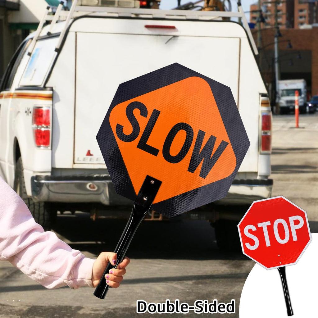 GicnKeuz 2 Pack Stop Slow Sign with Metal Handle, 13x13 inches Double Sided Slow/Stop sign, Traffic Reflective Aluminum Sign, Fade Resistant/Waterproof, Easy to Mount (Red & Orange) 13" x 13" - 2 packs of Stop Sign with handle