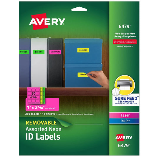 Avery Multipurpose Labels, Removable, Assorted Neon, 1 x 2.625 Inches, Pack of 360 (6479)