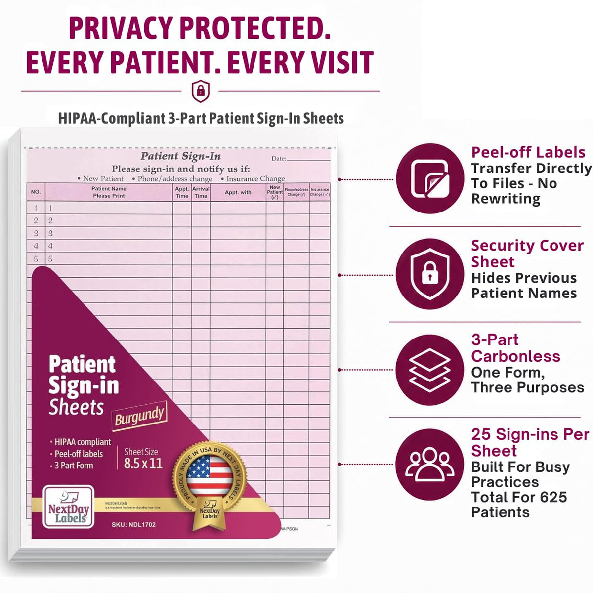 NextDayLabels Patient Sign-in Sheet, 3-Part, Made in USA, Burgundy, 25 Sets