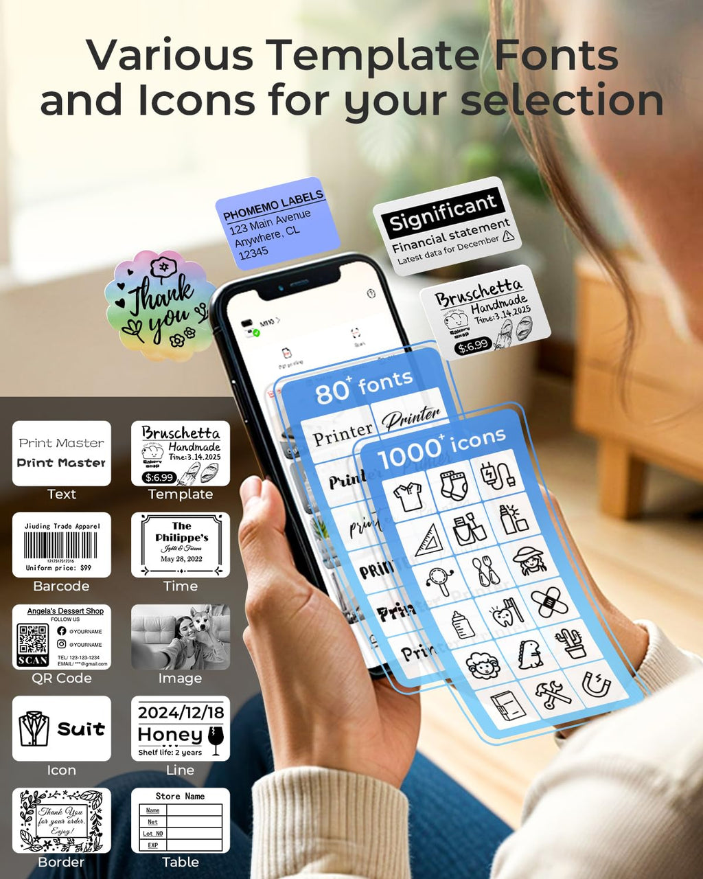 Phomemo M110 Label Maker with 3 Tapes, Bluetooth Portable Thermal Printer Black 1 Printer + 3 Roll Labels