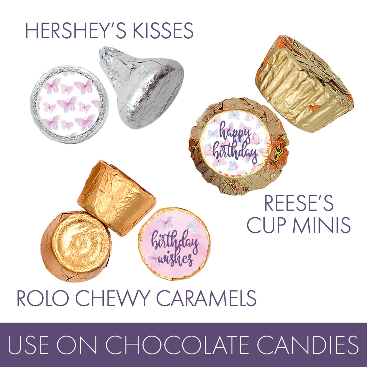 Butterfly Birthday Party Favor Chocolate Kisses Candy Stickers, Butterfly Wishes - 180 Count