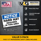 NOTICE Hard Hat Required in This Area Safety Labels, 5-Pack, 5" x 7" OSHA Style Industrial Safety Decals, Heavy Duty Waterproof Vinyl Stickers for Construction Sites, Manufacturing Facilities & Industrial Work Areas